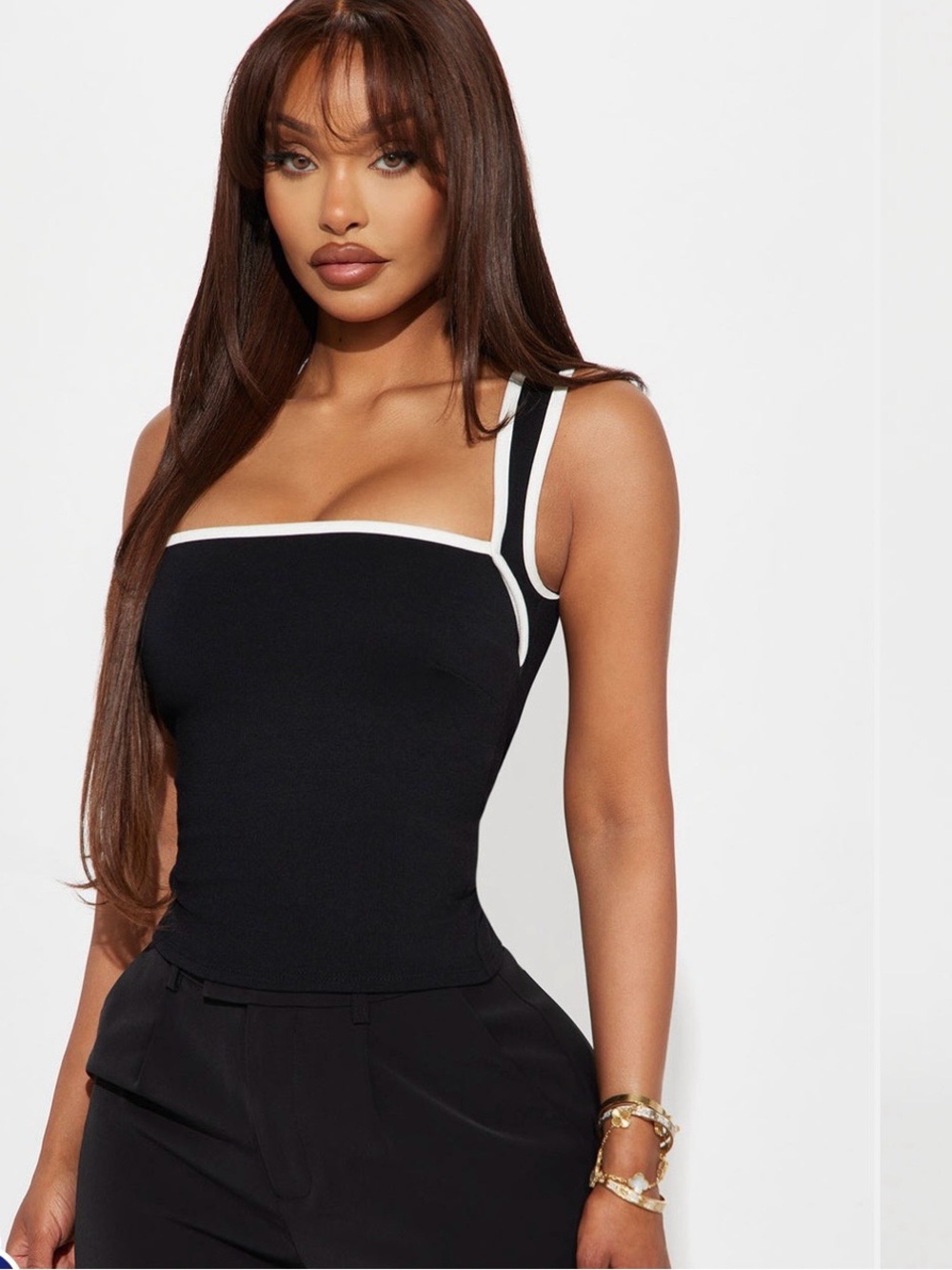 Square Neck Black Tank Top with White Trim - Women's Top